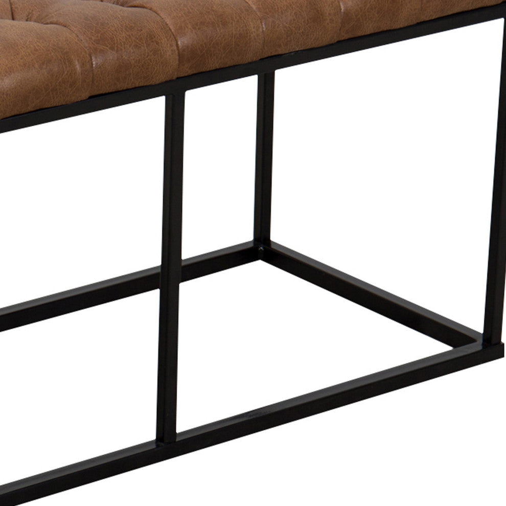 Benzara BM194860 Bench With Button Tufted Cushioned Seat and Metal Base, Brown