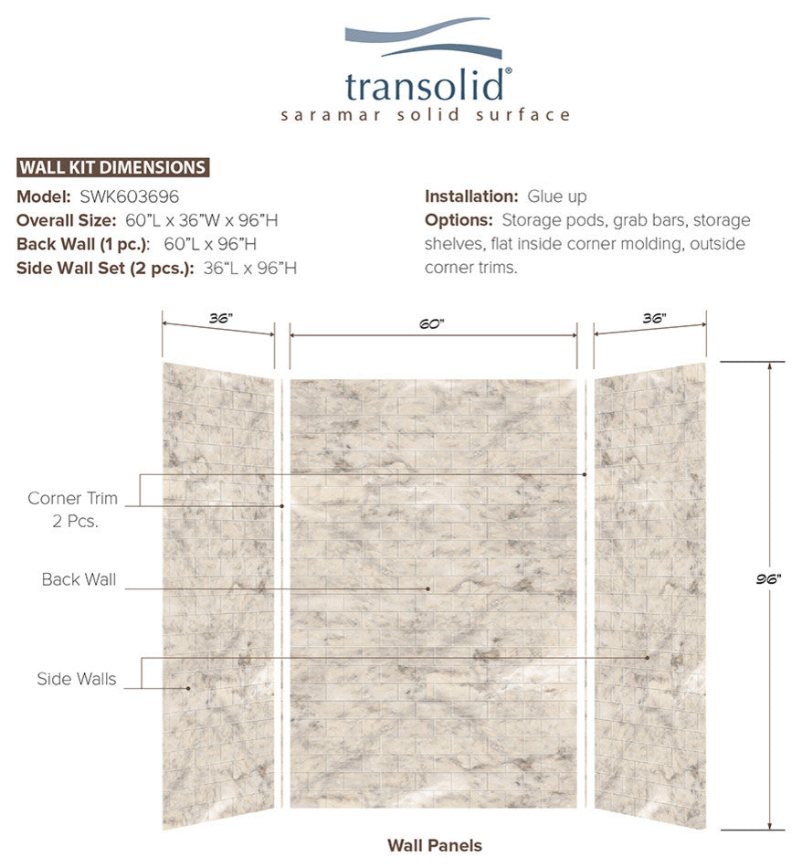 Transolid SaraMar 36"x60"x96" Glue to Wall 3-Piece Shower Wall Kit, Sand Creme