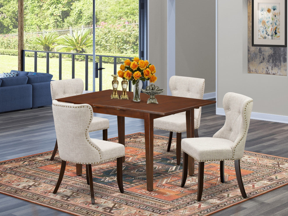 A Dining Set Of 4 Parson Chairs, 12" Butterfly Leaf Rectangle Table, Mahogany