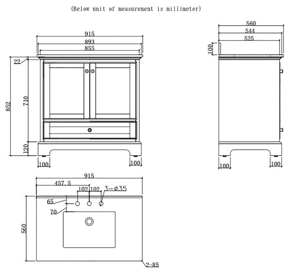 36 inch Plywood Freestanding Bathroom Vanity Set Integrated Ceramic Sink, Grey