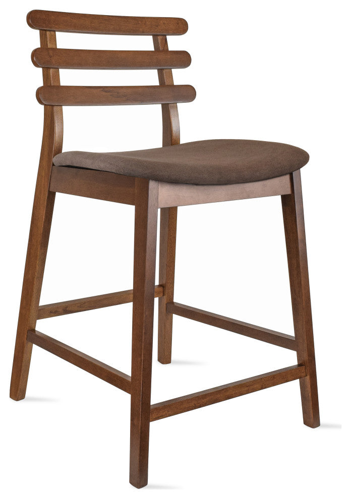 Dark Brown Wood Wooden With Ladder Back Cushion Counter Height Stools, Set of 2, Cappuccino