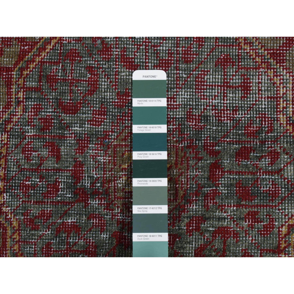 Green, Vintage Look Mamluk, Worn Wool Hand Knotted Runner Rug, 2'6"x9'10"