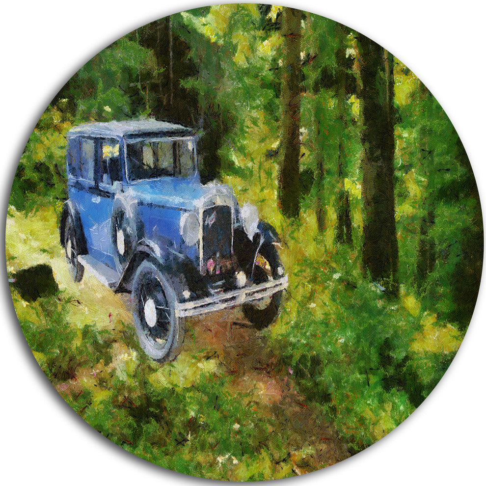 Blue Vintage Car Oil Painting, Car Painting Round Metal Wall Art, 36"