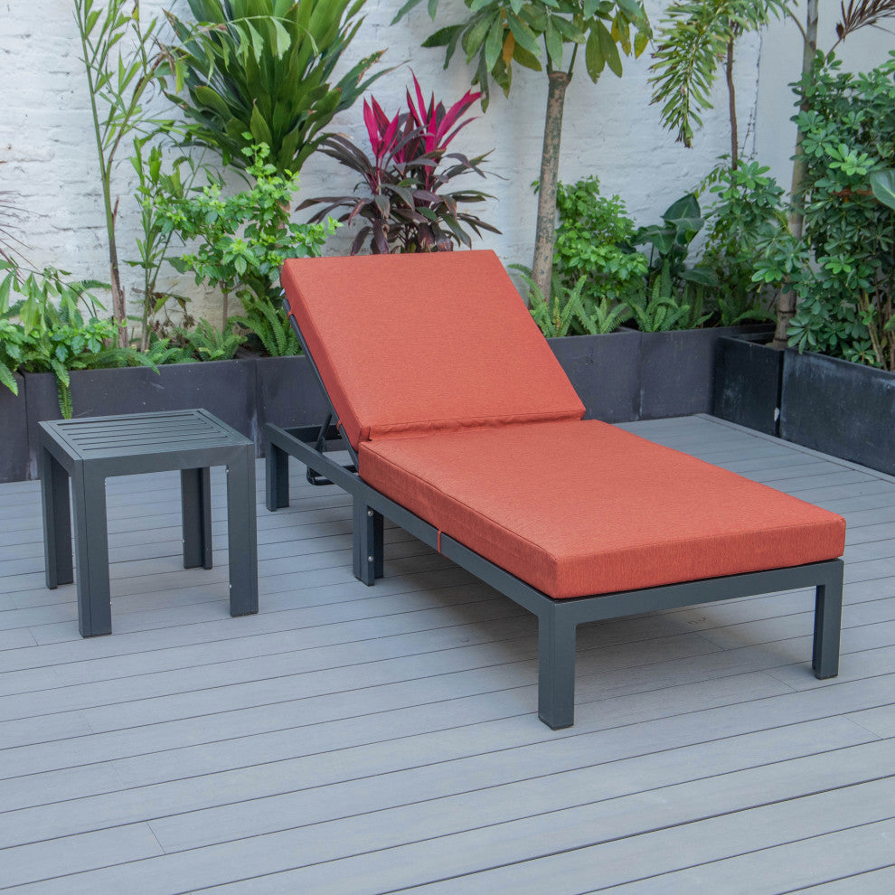 LeisureMod Chelsea Chaise Lounge Chair With Cushions & Side Table, Orange