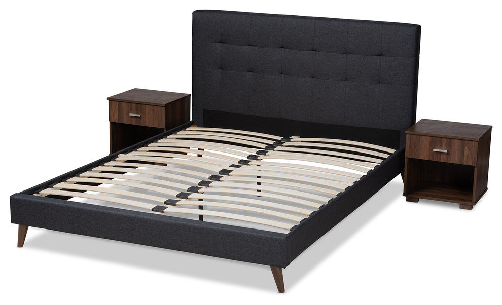 Blake Dark Gray Fabric Upholstered Queen Platform Bed With Two Nightstands