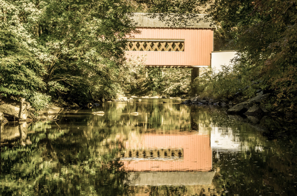 The Reflections of Wooddale Covered Bridge Aged Framed Photo Wall Art Print, White, 8" X 10"