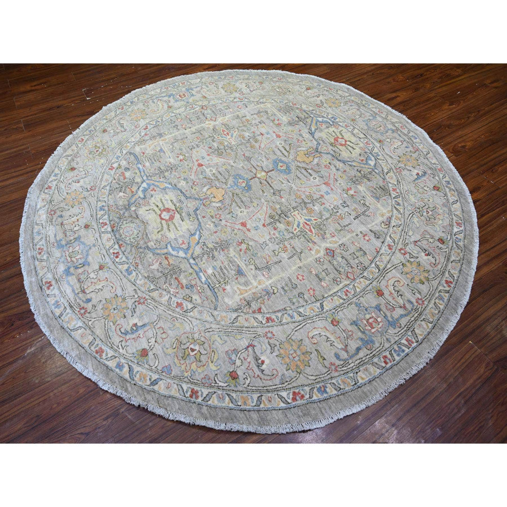 Gray Ziegler Mahal Hand Knotted Pure Wool Round Oriental Rug, 8'x8'