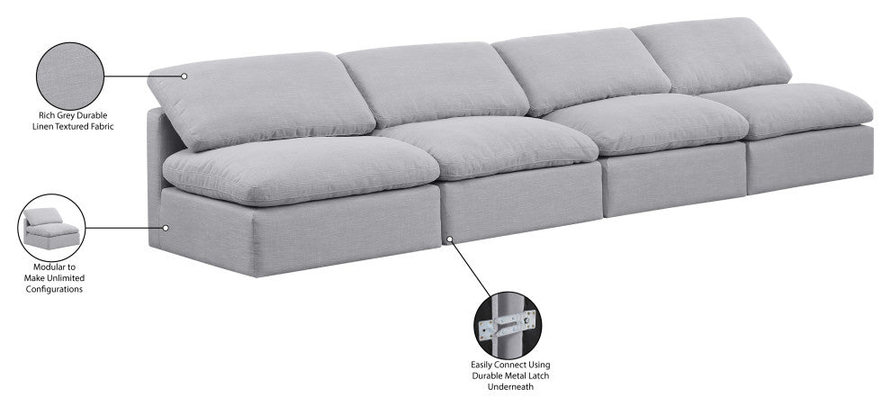 Indulge Upholstered Modular Sofa, Grey, 4-Piece: 4 Armless Chair, Down Stuffed Linen Textured Fabric