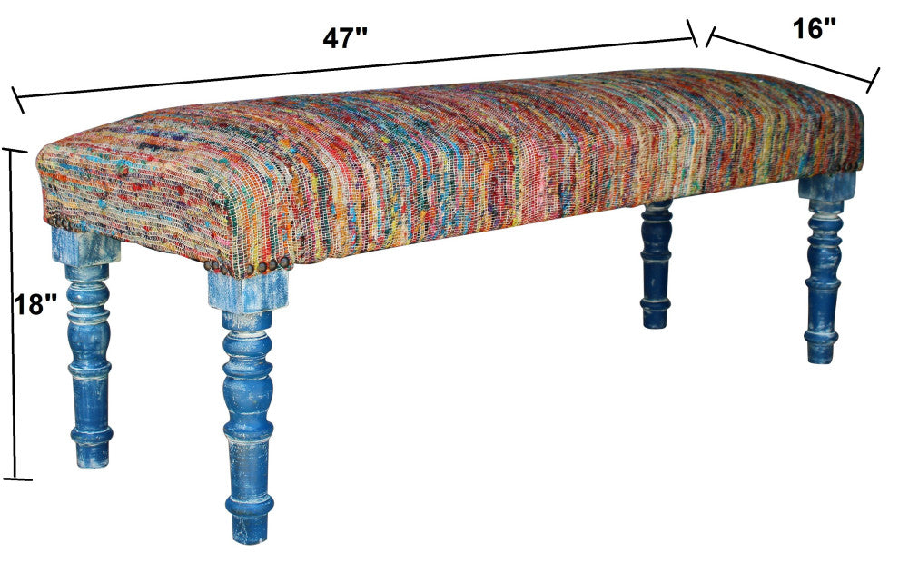 Colorful Chindi Bench with Blue Legs, 47" Length