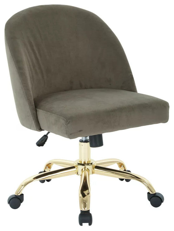 Elegant Office Chair, Golden Base With Padded Seat & Curved Back, Brown Velvet