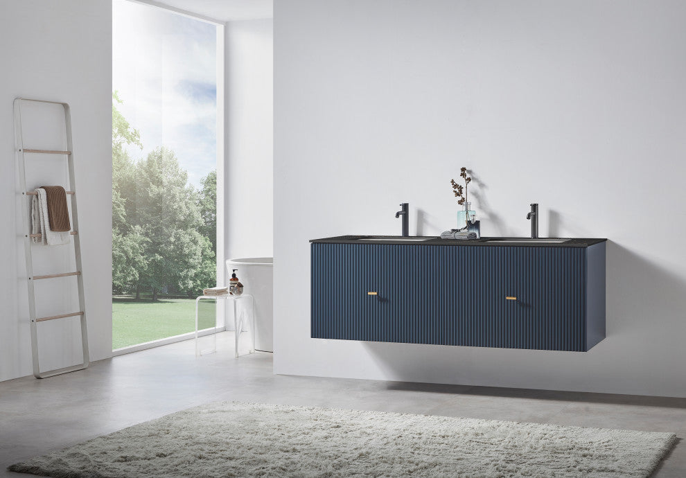 BARCELONA Wall Mount Modern Bathroom Vanity, Dark Blue, 60", Black Countertop