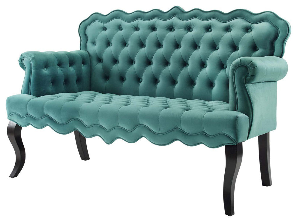 Modern Designer Lounge Loveseat Settee Sofa, Velvet Fabric, Aqua Blue