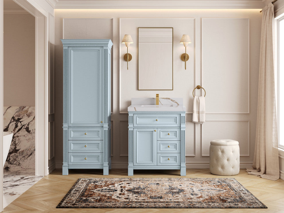 Paris 30" Single Sink Bathroom Vanity, Blue Heather 2" Calacatta Gold