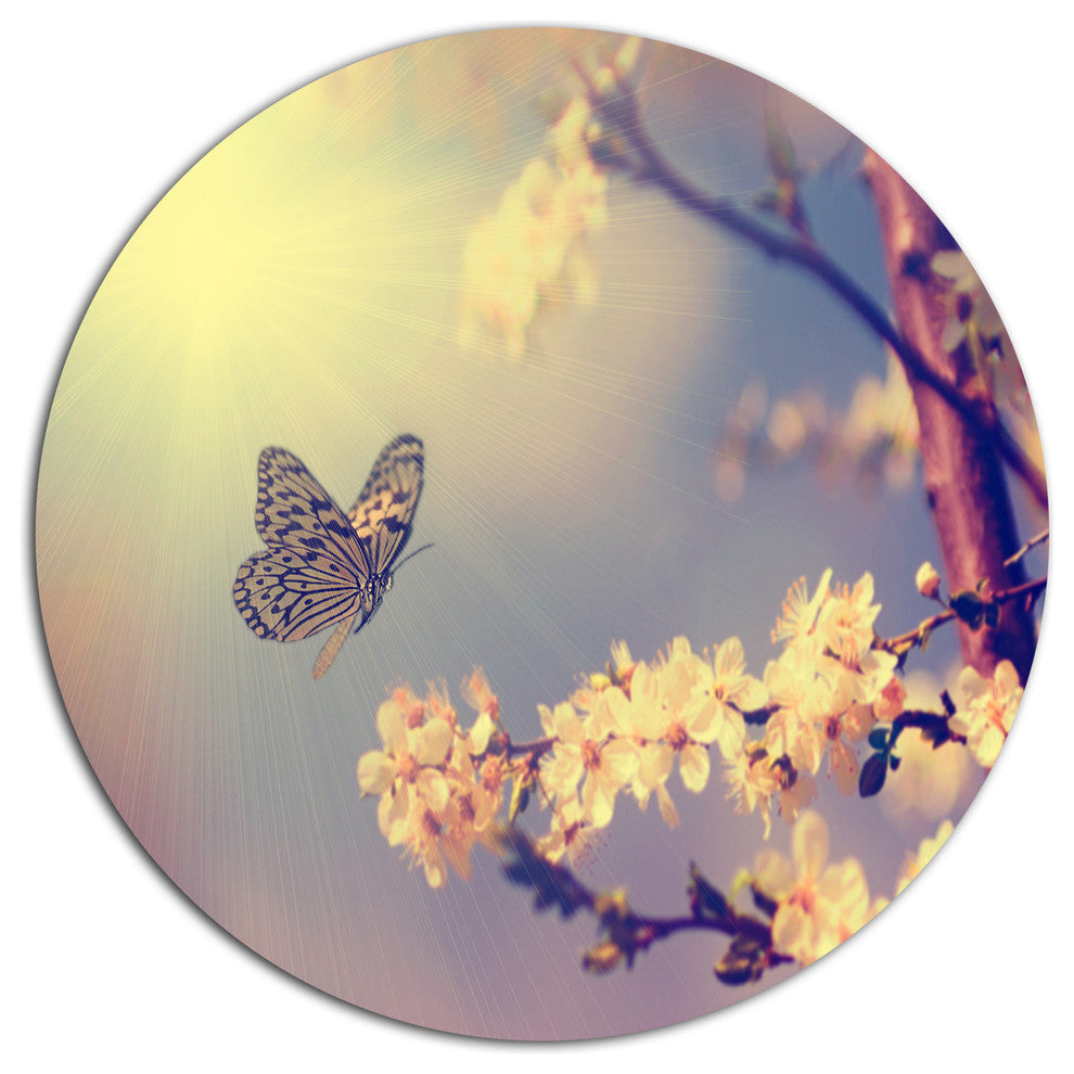 Vintage Butterfly And Cherry Tree, Modern Flower Round Wall Art, 11"