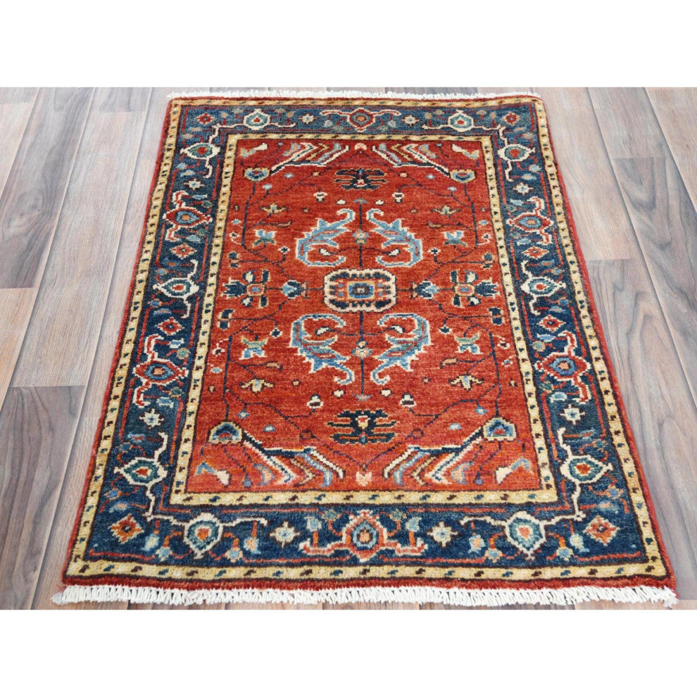 Tomato Red, Serapi Heriz Design, Pure Wool Hand Knotted Mat Rug, 2'0"x2'10"
