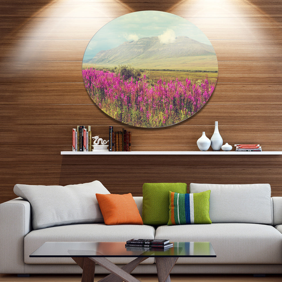 Purple Flowers And Distant Mountains, Floral Round Wall Art, 36"