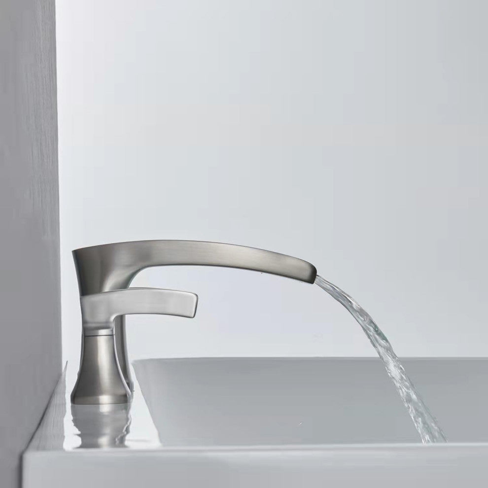 Brass Bathtub Faucet with Wide Waterfall Spout and Two Handle Control, Brushed Nickel