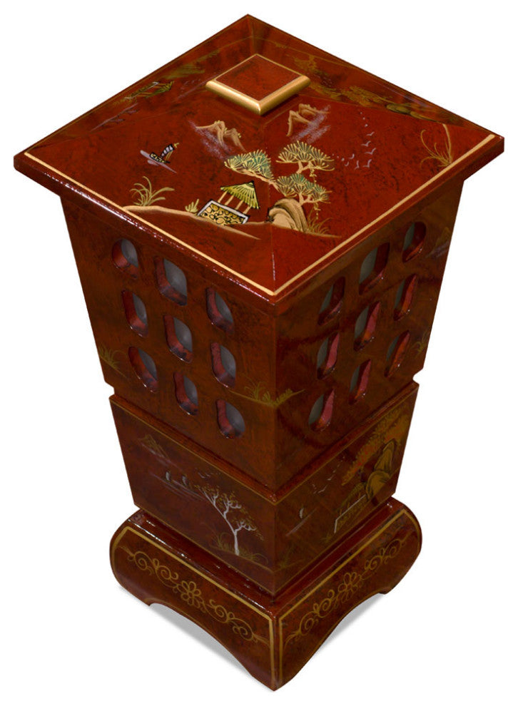 Red Lacquer Chinoiserie Scenery Oriental Pagoda Lantern