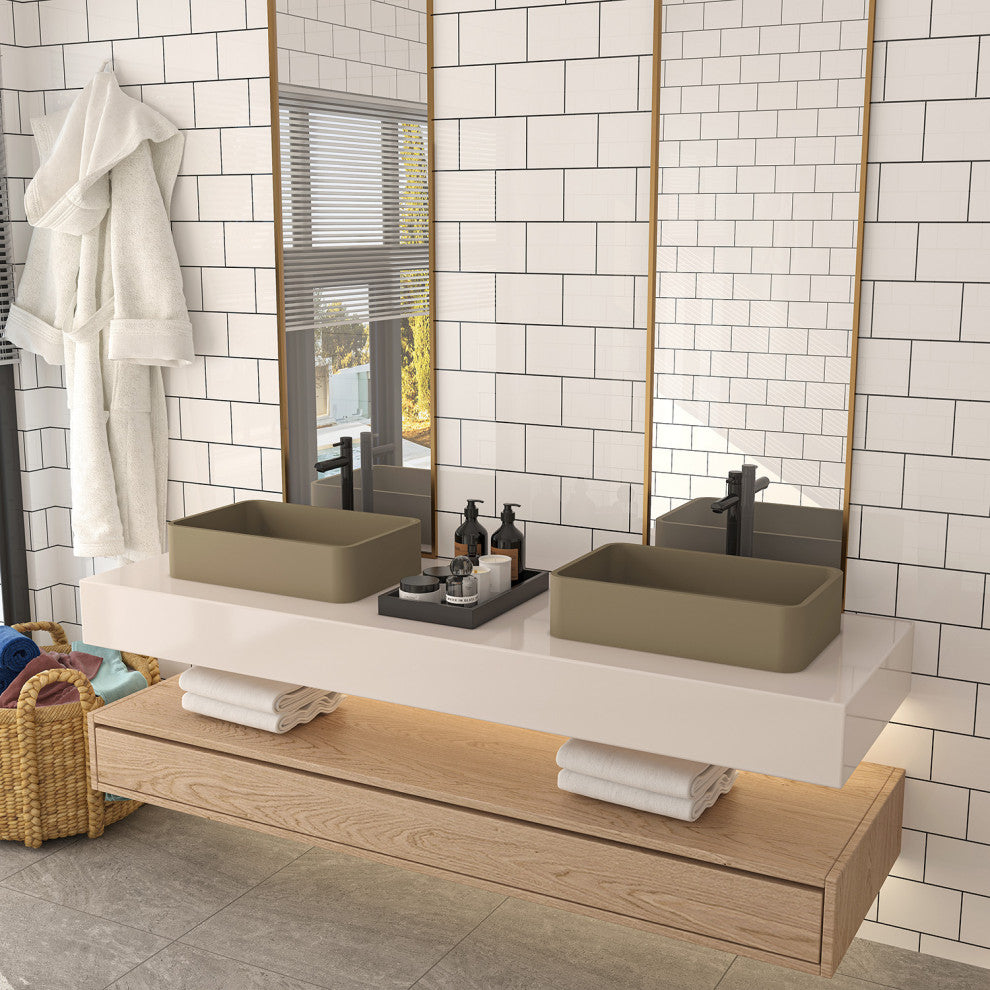 19in Bathroom Concrete Rectangular Vessel Sink with Drainer, Taupe Clay