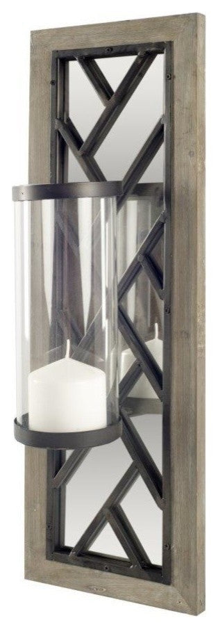 Benji Brown Wood Frame With Black Metal And Mirrored Wall Candle Holder