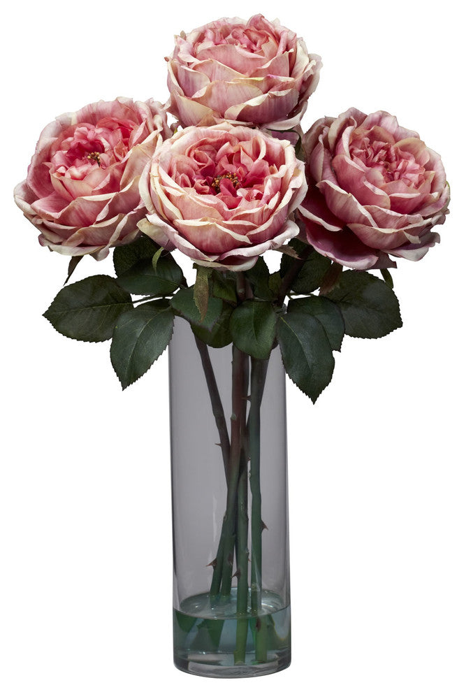Fancy Rose With Cylinder Vase Silk Flower Arrangement, Pink