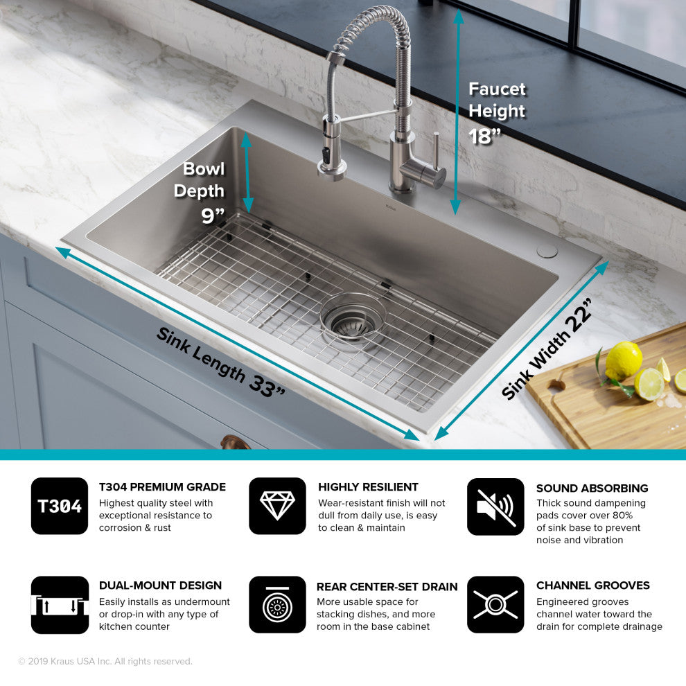 Stark 33" Drop-In Undermount Kitchen Sink, Pulldown Faucet, Stainless Steel