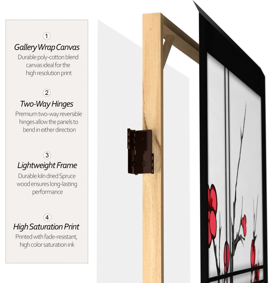 6' Tall Canvas Cherry Blossom Room Divider, Black, 3 Panels