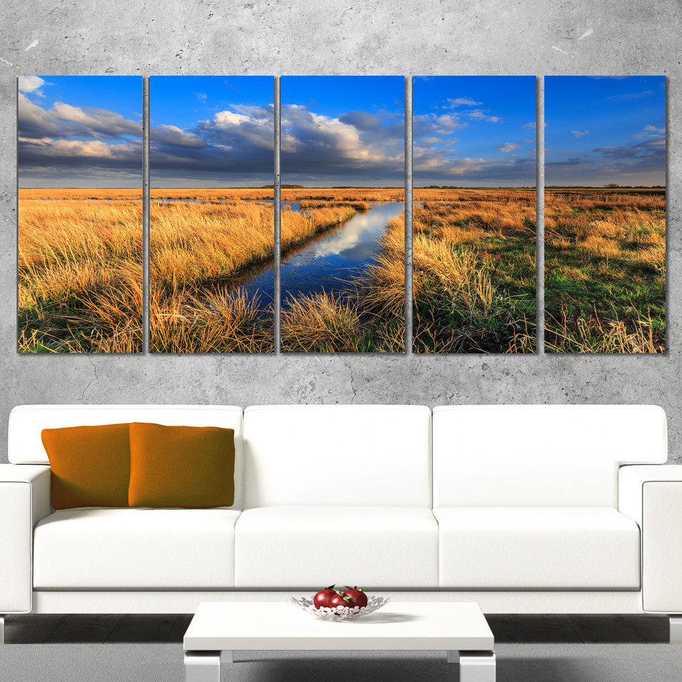 Meadow Land with Beautiful Skyscrapers, Landscape Canvas Art, 60"x28", 5 Panels