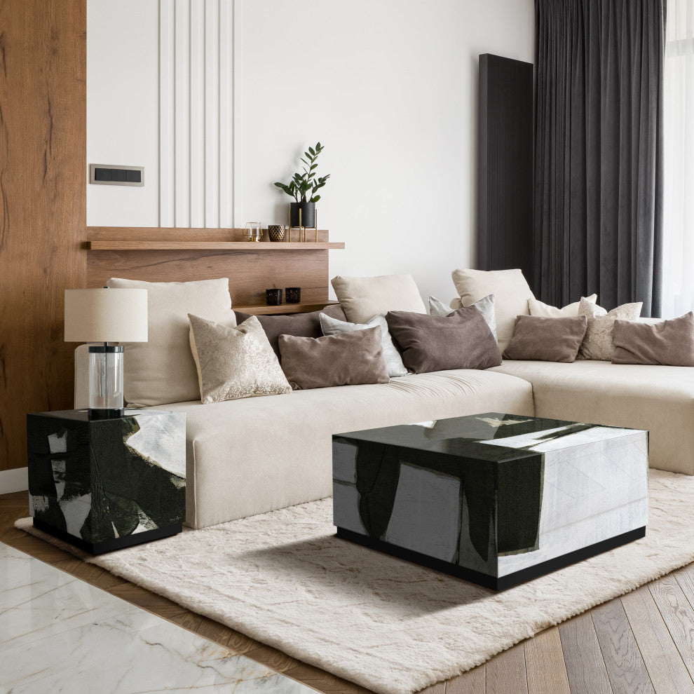 "Ode an Kline" Printed Art Glass Cocktail Table with Black Plinth Base Set of 2