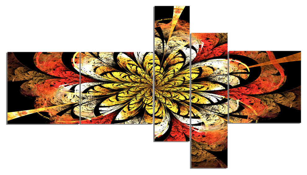 Dark Yellow Orange Fractal Flower, Abstract Wall Art Canvas, 60"x32", 5 panels