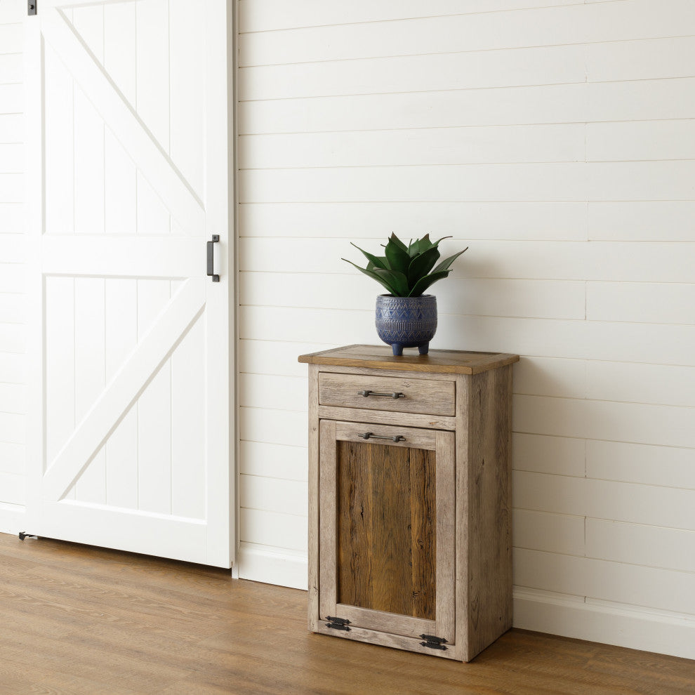 Reclaimed Oak Tilt-out Garbage Bin With Drawer, White With Warm Brown Glaze and Walnut