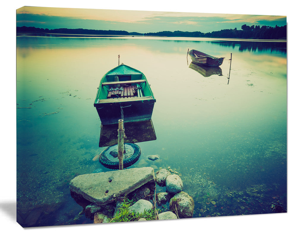 Boats in Vintage Style Lake, Boat Canvas Art Print, 40"x30"