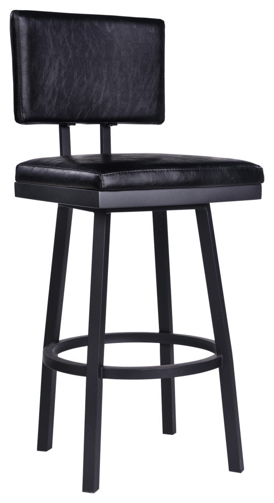 26" Vintage Black on Black Faux Leather Rectangular Swivel Armless Bar Stool