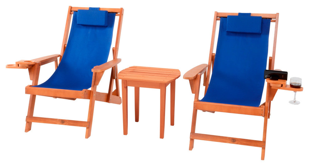 Romantic Collection Canvas Sling Chair with Cup and Wine Holder, Walnut Frame Bl