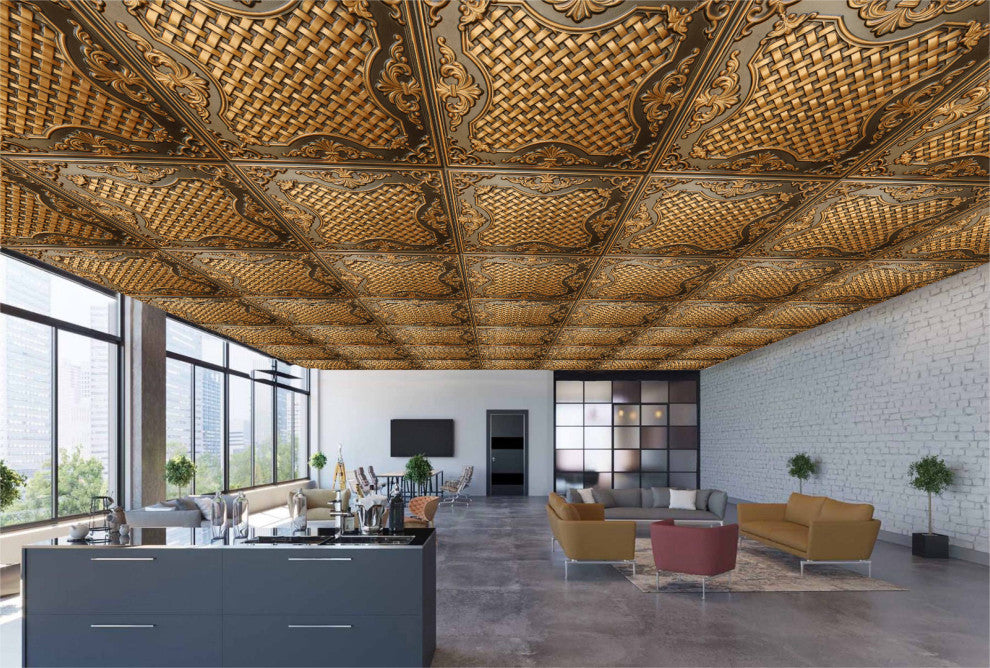 Antique Gold 3D Ceiling Panels, 2'x2', 40 Sq Ft, Pack of 10