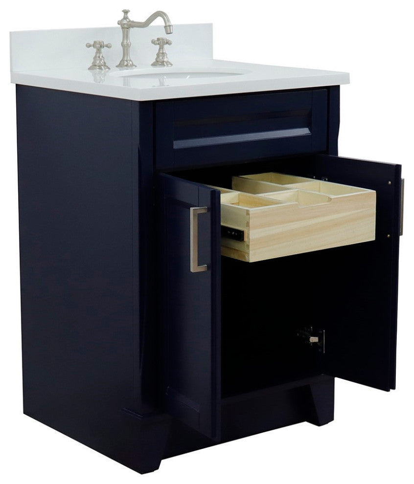 25" Single Sink Vanity, Blue Finish With Engineered Stone Top And Oval Sink