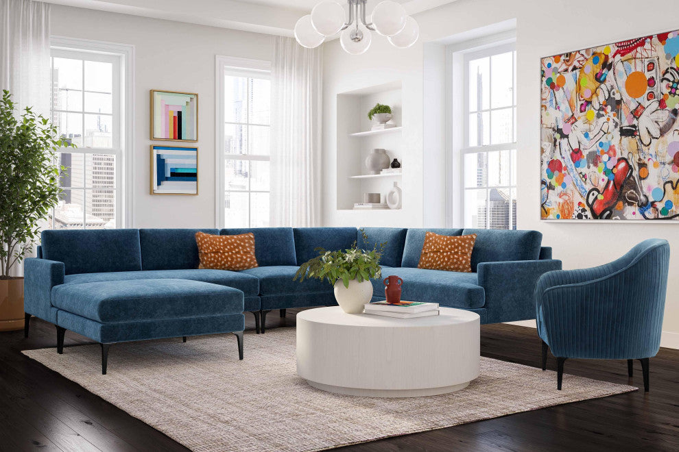Serena Blue Velvet Large Chaise Sectional With Black Legs