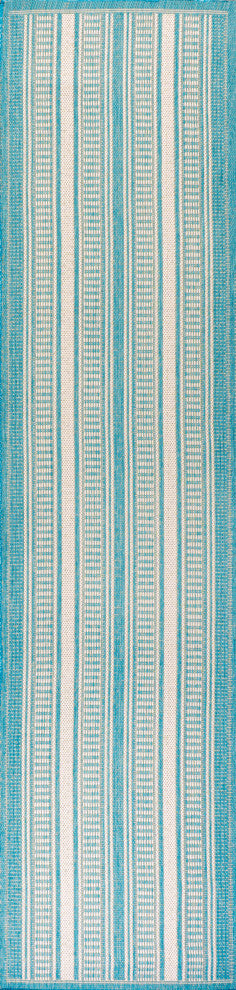 Haynes Modern Double Stripe Indoor/Outdoor Area Rug, Aqua/Beige, 2x8