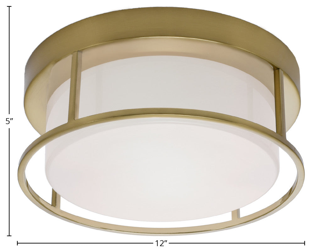 12" 2-Light Flush Mount Light, New Age Brass, White Marble Glass