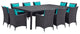 Modway Convene 11 Piece Outdoor Patio Dining Set, Espresso Turquoise