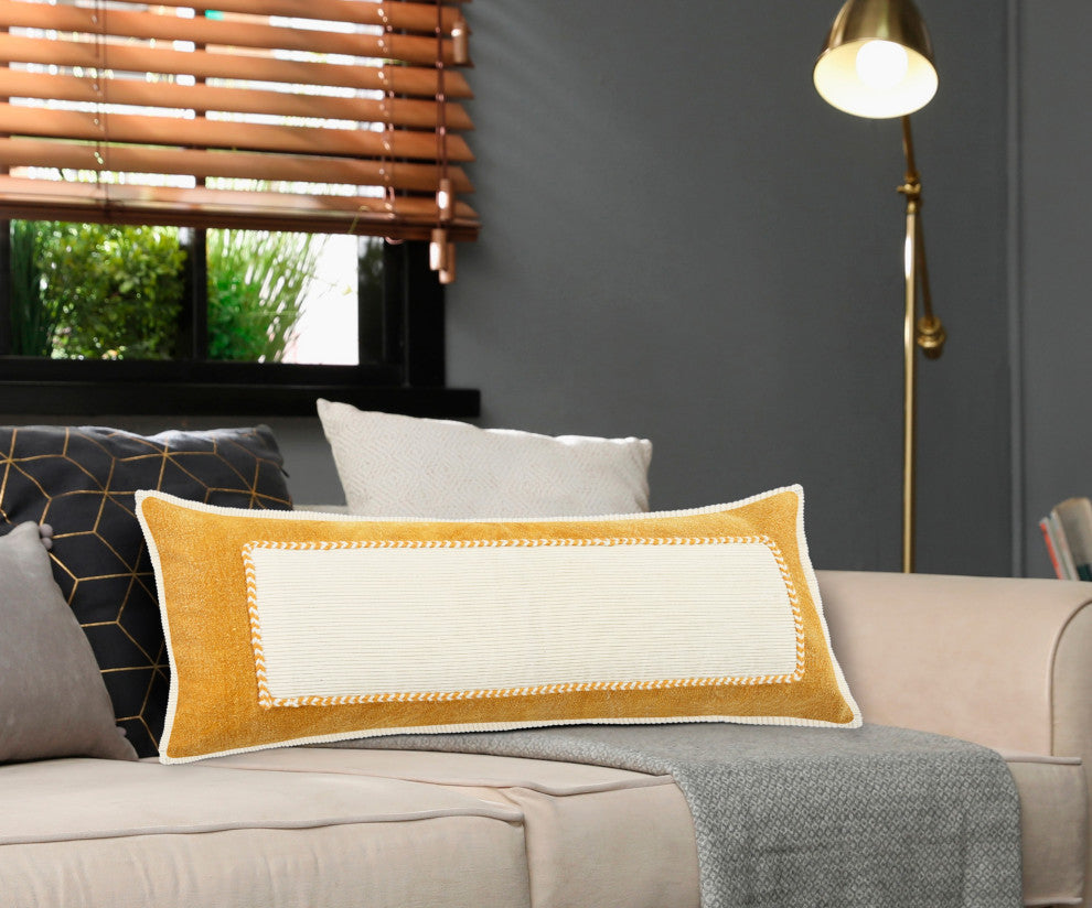 Ox Bay Hand-stitched Yellow/White Organic Cotton Pillow Cover, 16"x24"
