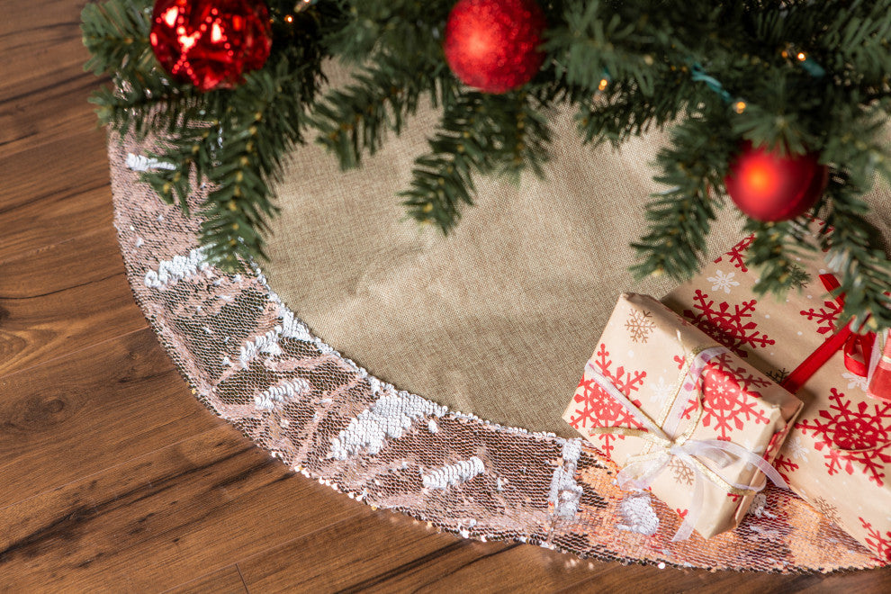 Holiday Tree Skirt Linen With Champagne Sequin Border