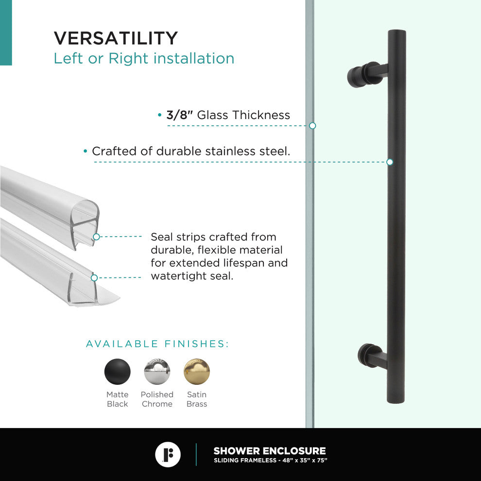 Frameless Shower Enclosure Sliding Shower Glass Door - Tempered Glass, Black, 48"