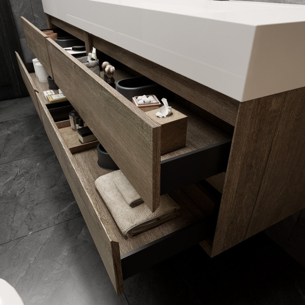 MAX 84" Double Floating Bath Vanity With Acrylic Sink, Coffee Wood, Gray Oak