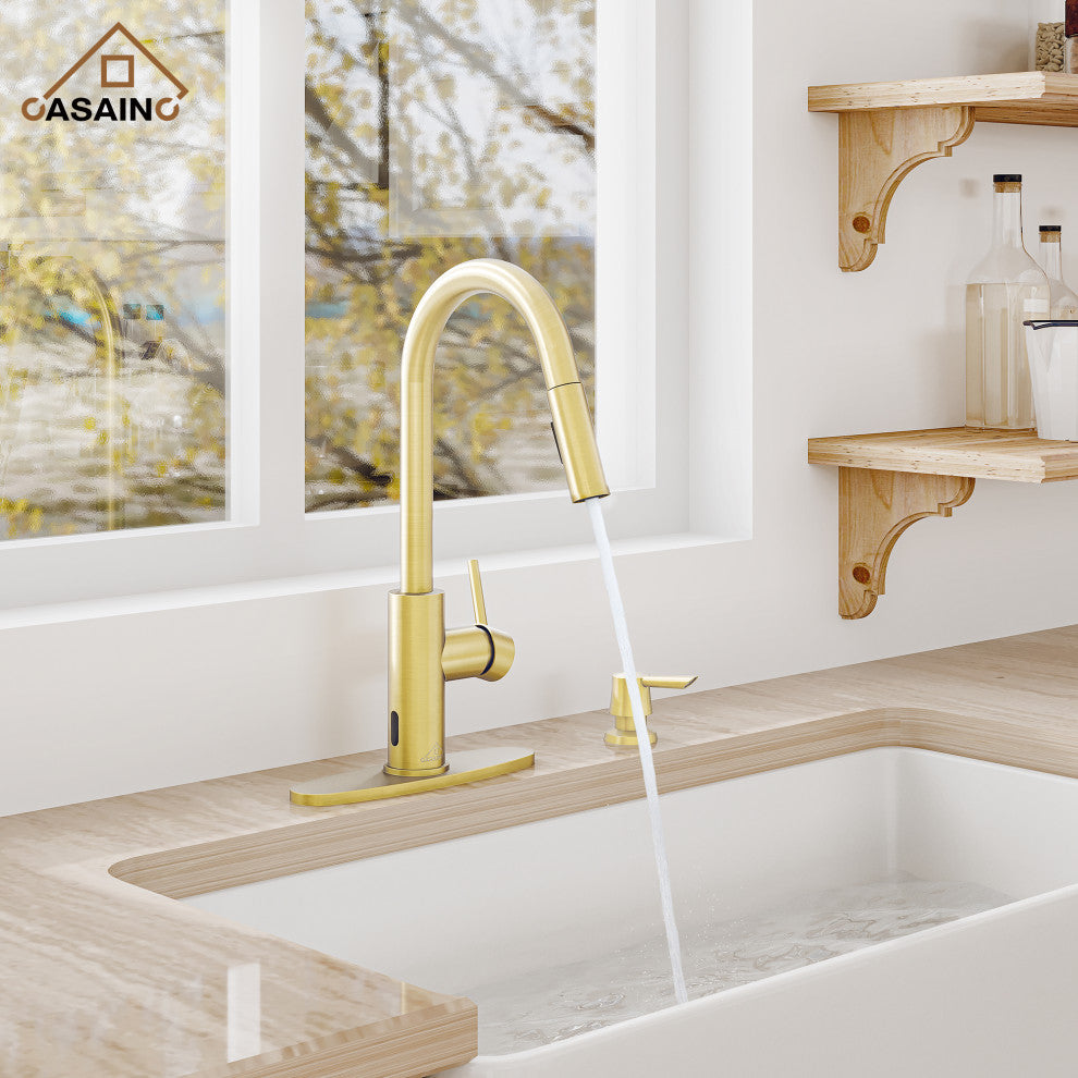Touchless Pull Down Single Handle Kitchen Faucet With LED Function, Brushed Gold