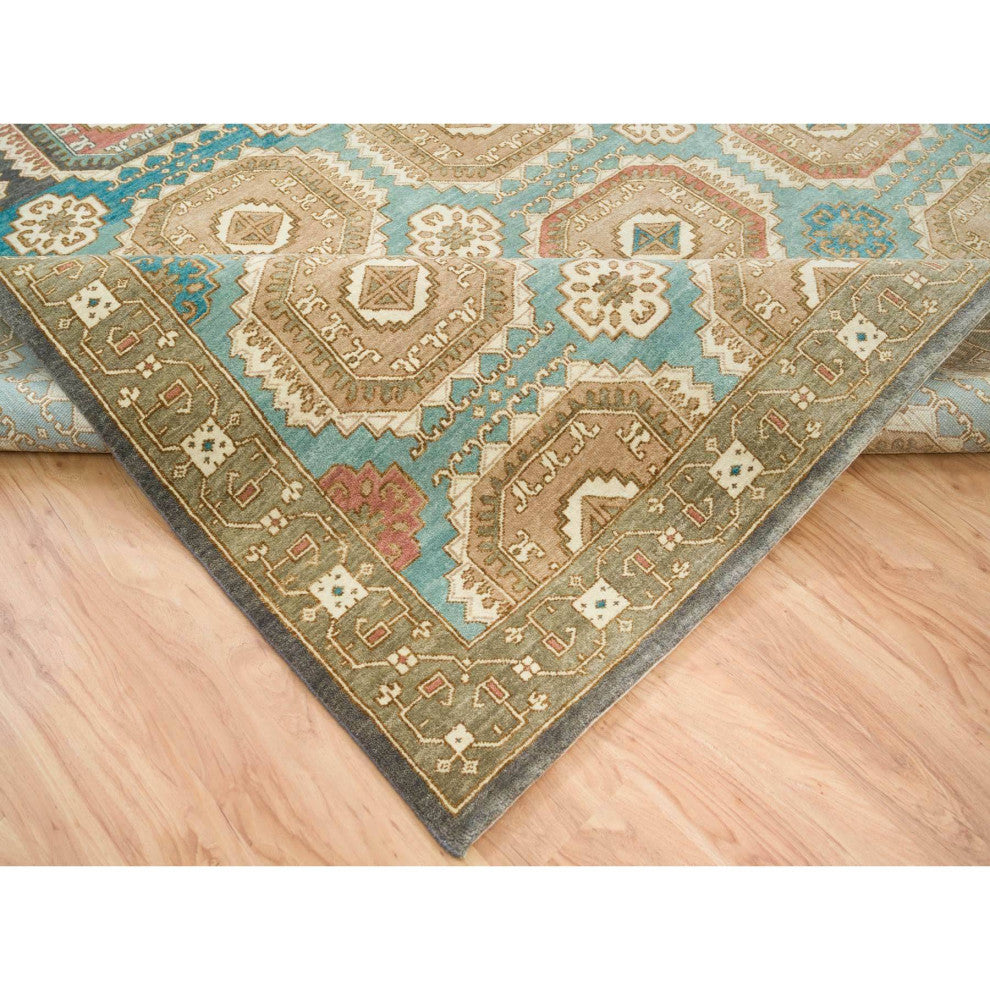 Hand Spun Ghazni Wool, Natural Dyes, Caucasian Gul Motifs Rug, 10'x14'