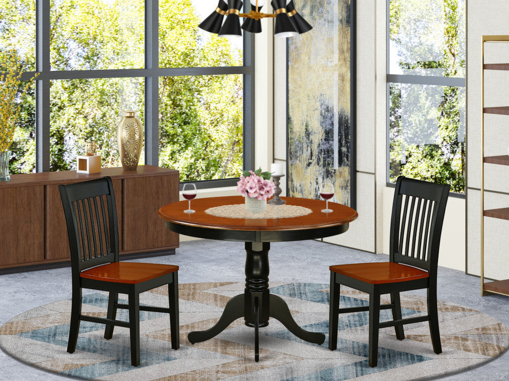 3Pc Round 42" Dining Table And Two Wood Seat Chairs