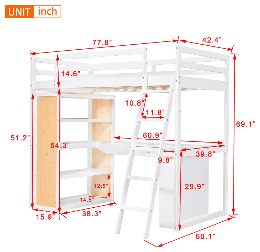 Gewnee Wood Twin Size Loft Bed with Ladder and Desk in White