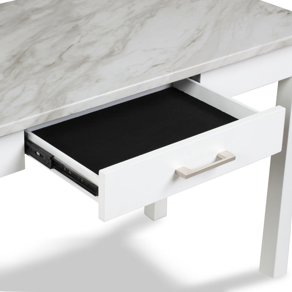 Benzara BM272065 Jay 48" Desk With Drawer and Faux Marble Top, White