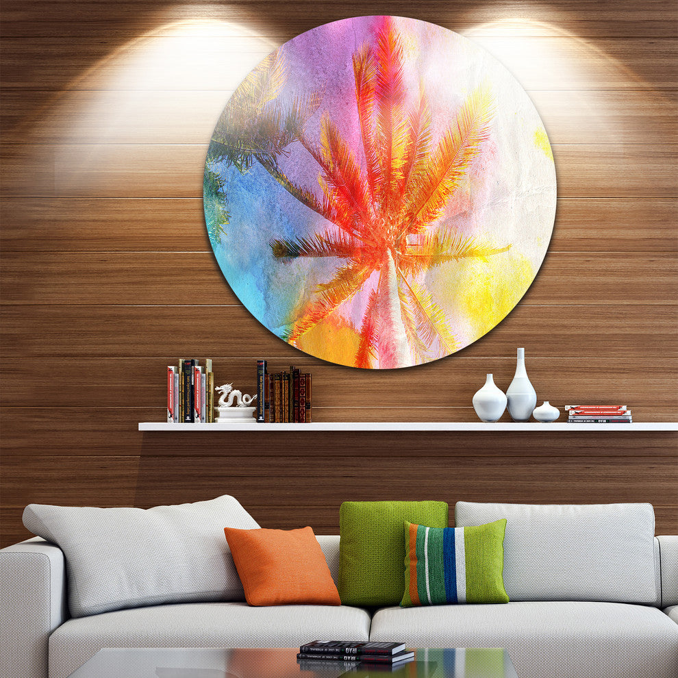 Reflective Retro Palm Trees, Landscape Round Metal Wall Art, 11"